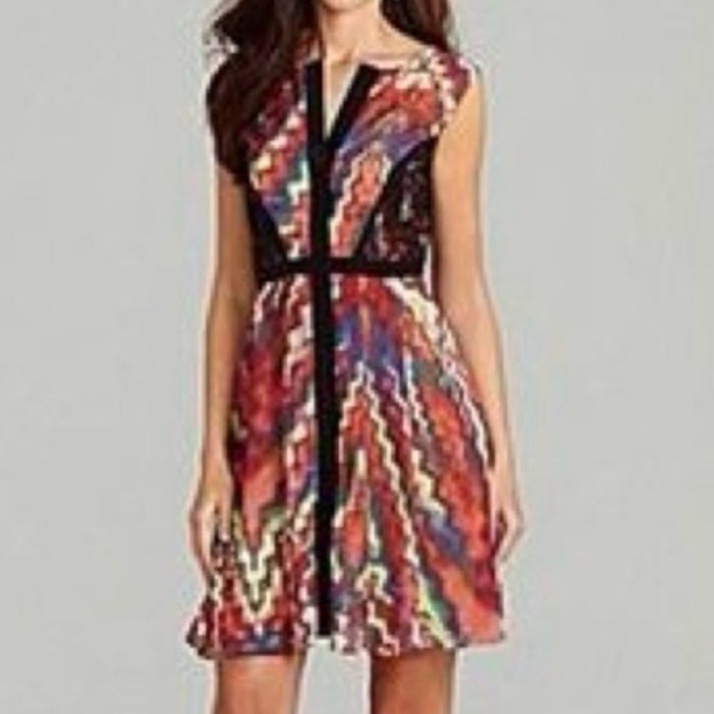 Gibson Latimer Red Black Fit and Flare Party Dress Zig Zag Lace Colorful 6